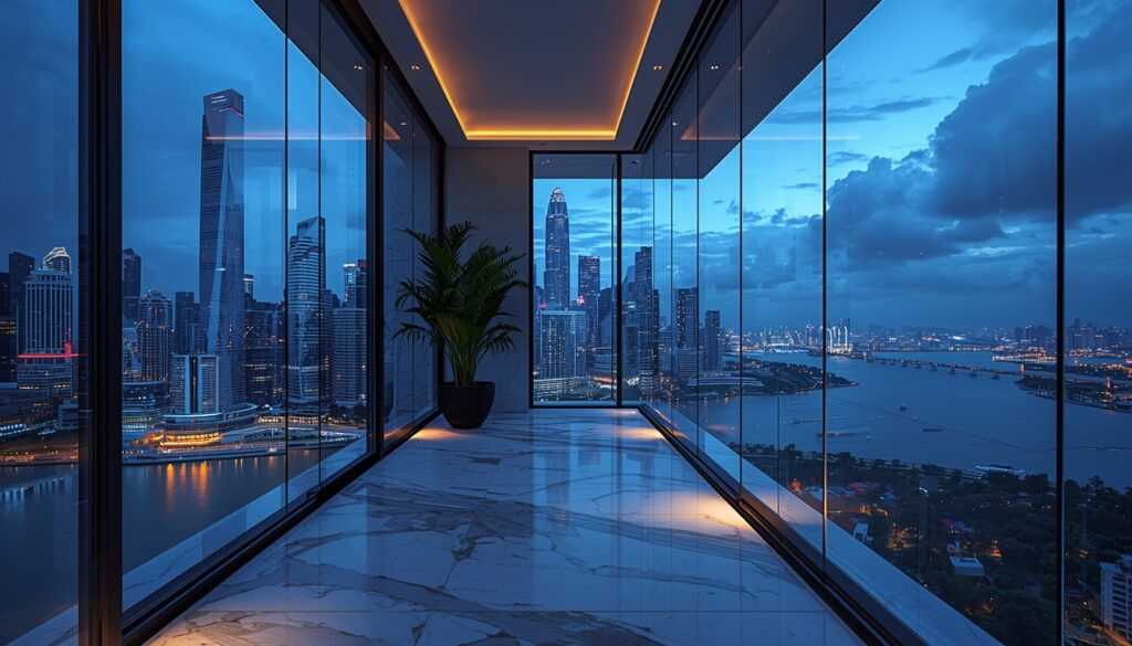 Futuristic luxury penthouse interior in Singapore overlooking Marina Bay skyline at night, floor-to-ceiling smart glass windows, panoramic city lights, minimalist modern design, marble flooring, ambient LED lighting, biophilic indoor plants, infinity edge balcony, ultra-realistic, 8K, cinematic lighting, high detail, architectural photography style, sharp focus, luxury lifestyle magazine quality, no people
