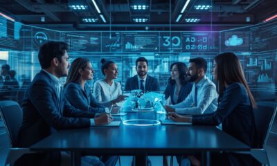 A diverse team of professionals collaborating with advanced AI interfaces and transparent digital screens, blending human creativity with modern technology. The workspace is futuristic with holographic data, cloud computing systems, and innovation charts displayed around them. Soft blue and purple tones, cinematic lighting, highly realistic style, ultra-detailed, 8K resolution, representing success strategies in a digitally accelerated world