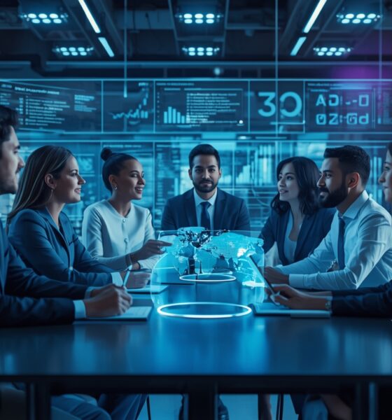 A diverse team of professionals collaborating with advanced AI interfaces and transparent digital screens, blending human creativity with modern technology. The workspace is futuristic with holographic data, cloud computing systems, and innovation charts displayed around them. Soft blue and purple tones, cinematic lighting, highly realistic style, ultra-detailed, 8K resolution, representing success strategies in a digitally accelerated world