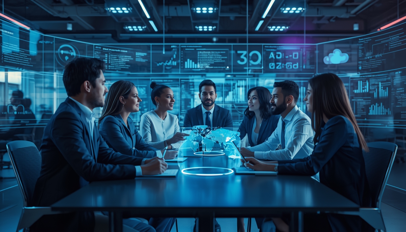 A diverse team of professionals collaborating with advanced AI interfaces and transparent digital screens, blending human creativity with modern technology. The workspace is futuristic with holographic data, cloud computing systems, and innovation charts displayed around them. Soft blue and purple tones, cinematic lighting, highly realistic style, ultra-detailed, 8K resolution, representing success strategies in a digitally accelerated world