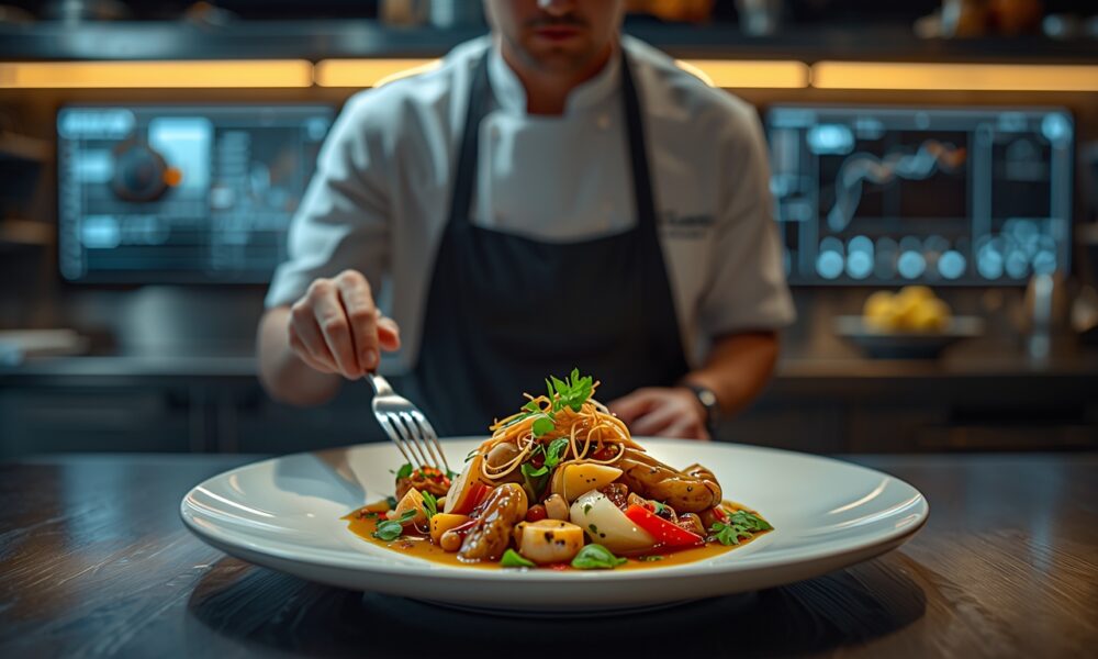 A visually stunning modern kitchen scene showing a professional chef plating a vibrant fusion dish, combining colorful global cuisines (Asian, Italian, and plant-based elements), with futuristic holographic cooking interfaces glowing in the background, soft warm lighting, high detail, cinematic composition, shallow depth of field, ultra-realistic, 4K, trending food photography style, highly appetizing and Instagram-worthy presentation