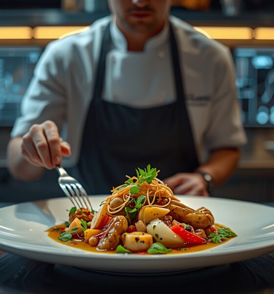 A visually stunning modern kitchen scene showing a professional chef plating a vibrant fusion dish, combining colorful global cuisines (Asian, Italian, and plant-based elements), with futuristic holographic cooking interfaces glowing in the background, soft warm lighting, high detail, cinematic composition, shallow depth of field, ultra-realistic, 4K, trending food photography style, highly appetizing and Instagram-worthy presentation
