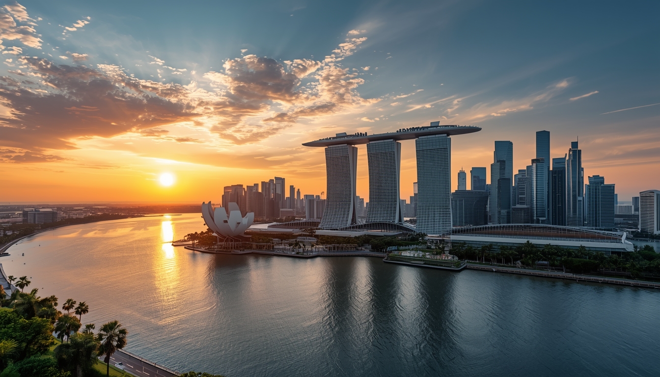 Ultra-luxury Singapore skyline at sunset, Marina Bay waterfront, futuristic high-rise condominiums with sky gardens and infinity pools, warm golden hour lighting, smart glass towers, lush greenery integrated into architecture, reflections on calm water, cinematic wide-angle view, hyper-realistic, 8K resolution, ultra-detailed, professional architectural photography, vibrant yet natural colors, sharp focus, no people, high dynamic range, magazine cover quality
